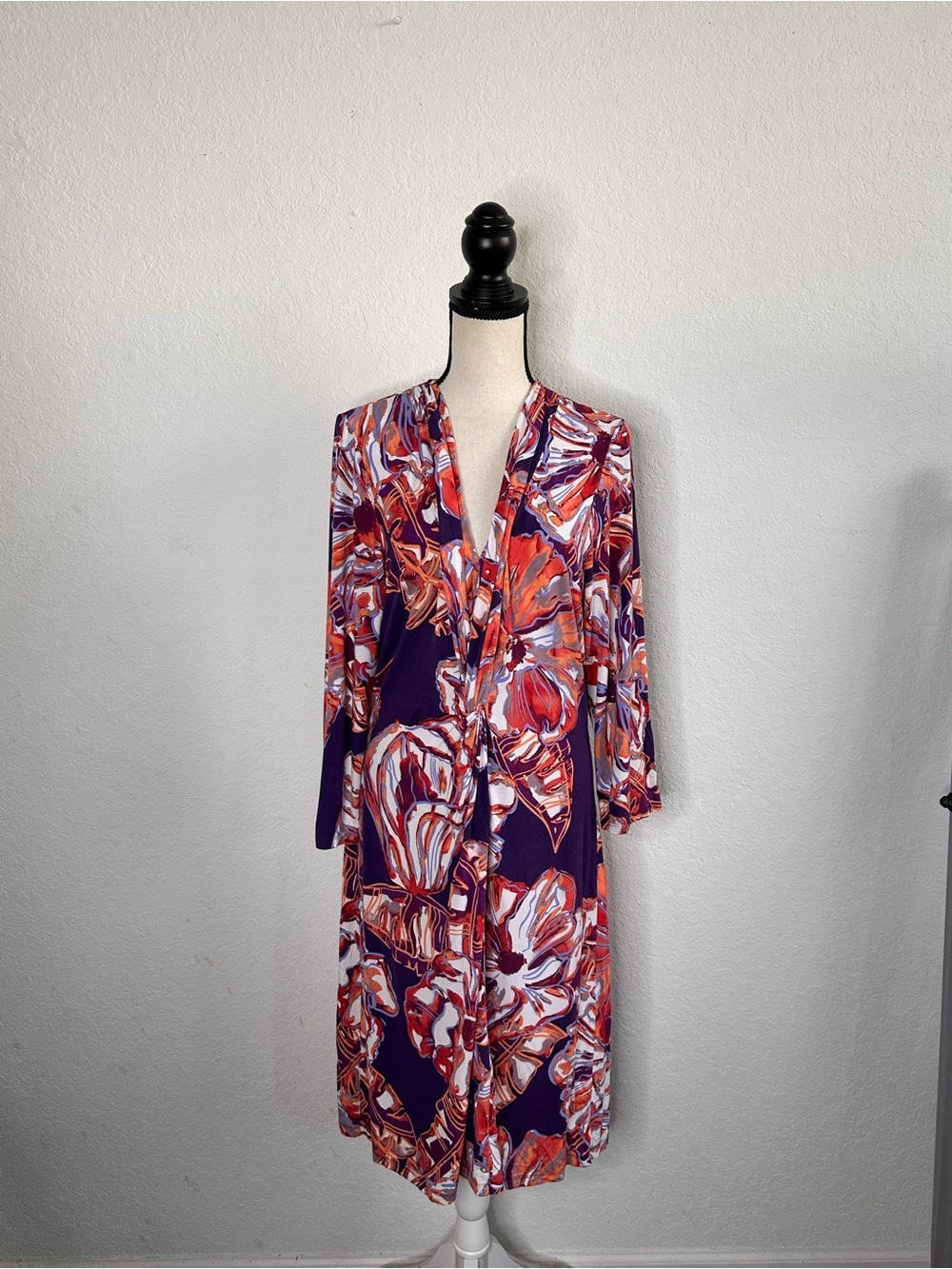 Vibrant Purple Floral Kimono Dress Quarter Sleeve Deep V-neck Size Large Casual